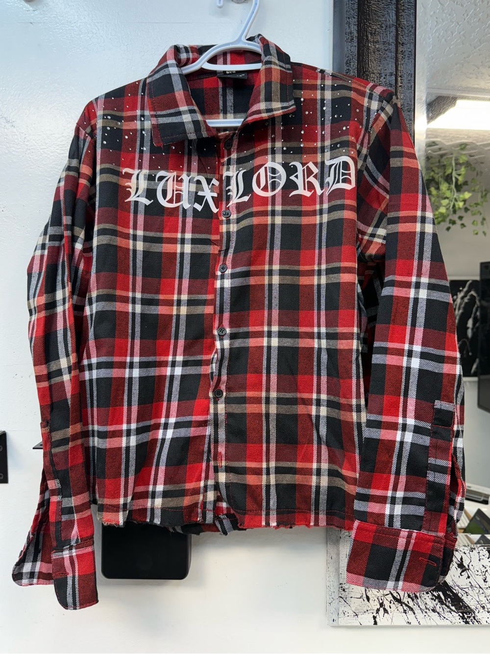 Lux Red and Black Plaid Shirt with Script Neck Tag